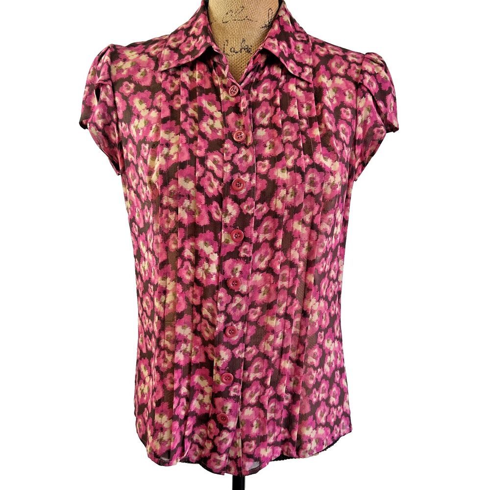 Etcetera Womens Pink Floral Cap Sleeve Semi-Sheer Button Up Blouse Sz M